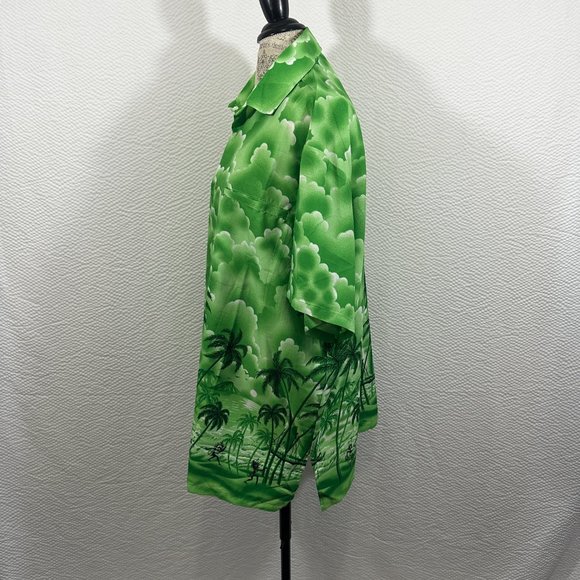 Vintage Mens Hawaiian print Shirt Island Palm Trees Bright Green Black 2XL - Picture 4 of 7